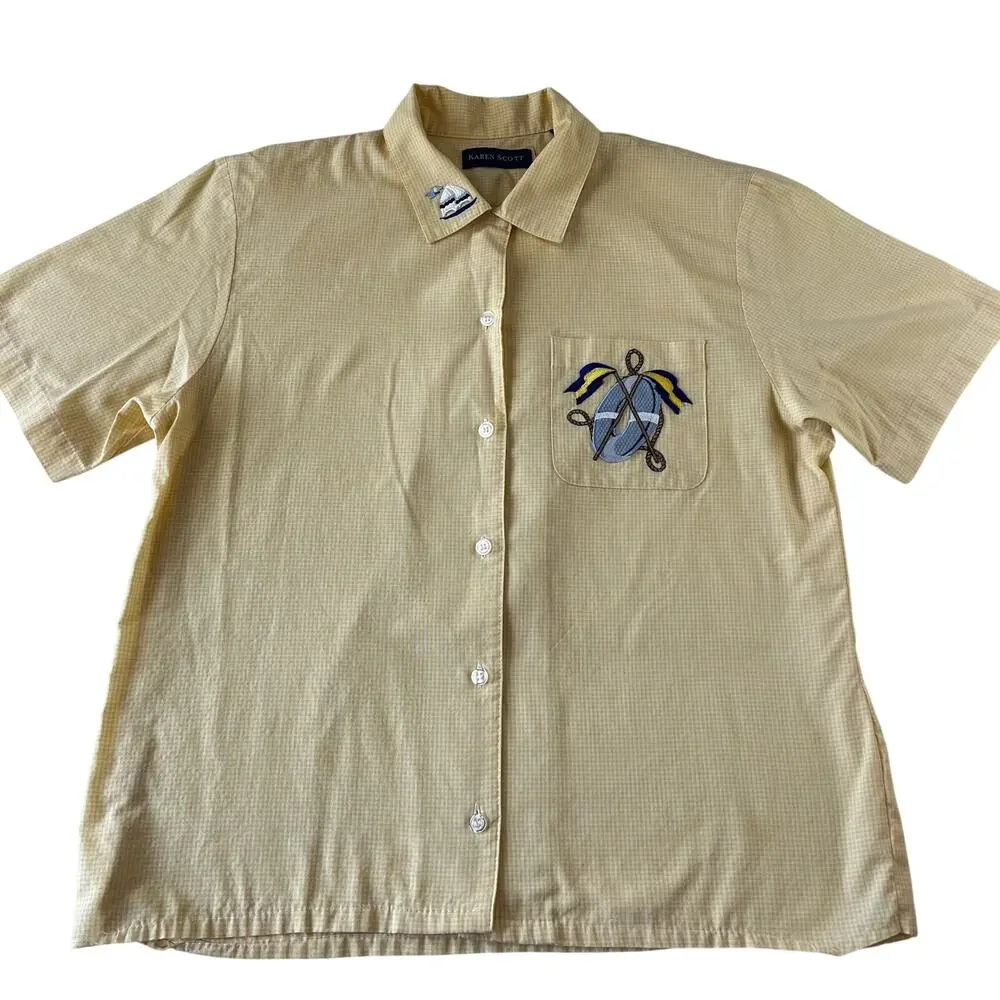 Karen Scott Yellow Button Down Blouse Shirt Embroidered Boat Nautical Size Small